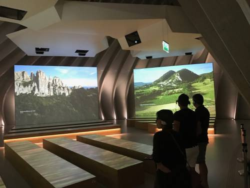 La visita inizia dai territori del vino del mondo, proiettati su schermi con interviste a produttori ed enologi