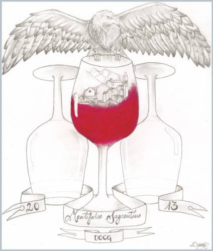 Il premio per l’“Etichetta d’Autore 2013” vinto dall’opera intitolata “Lo Scrigno” dell’artista Denis Calupacio, che ha voluto rappresentare il calice di Sagrantino come uno scrigno che custodisce la città di Montefalco