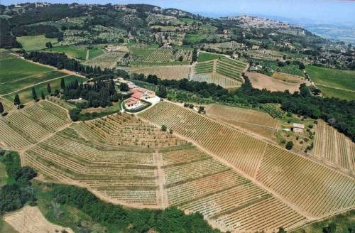 Montalcino: la veduta aerea della Tenuta Greppo dei Biondi Santi, dove nell’Ottocento, è nato il Brunello, uno dei rossi più famosi del mondo