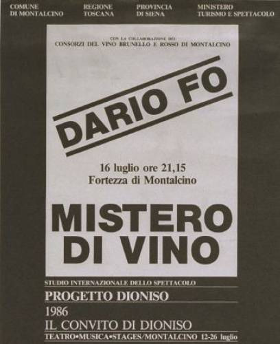La locandina del progetto Mistero di Vino di Dario Fo nel 1986 a Montalcino