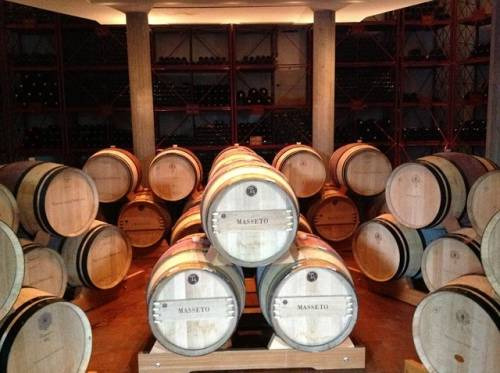 Le botti dove affina il Merlot della vigna di Masseto