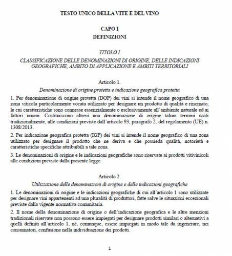 La pagina 1 del Testo Unico del Vino Italiano
