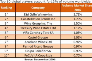 In mano a 10 produttori del mondo il 13% del mercato del vino in volume. A dirlo i dati di Euromonitor. Domina il &ldquo;Nuovo Mondo&rdquo;. Al vertice assoluto il 3 realt&agrave; made in Usa: E&J Gallo Winery, Constellation Brands e The Wine Group