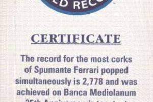 2.778 TAPPI DI FERRARI PER UN BRINDISI DA &ldquo;GUINNES WORLD RECORD&rdquo;. CERTIFICATA L&rsquo;IMPRESA DEL 26 NOVEMBRE 2007, QUANDO FU STAPPATO IN SIMULTANEA ILMAGGIOR NUMERO DI BOTTIGLIE DI SPUMANTE FERRARI DI SEMPRE
