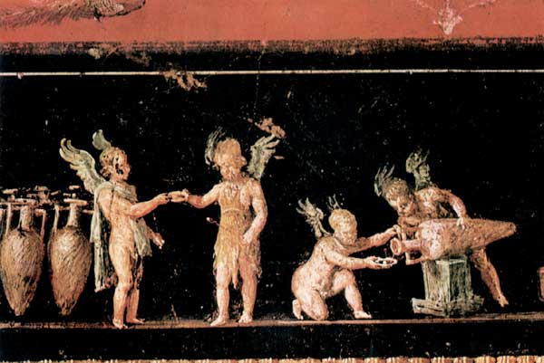 Un particolare di un affresco di Pompei dove sono raffigurati amorini degustanti