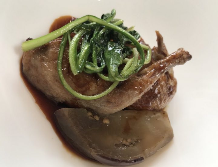 Quaglia, umido di birra “Soresere”, cicorietta al miso di mais e melanzane alla senape