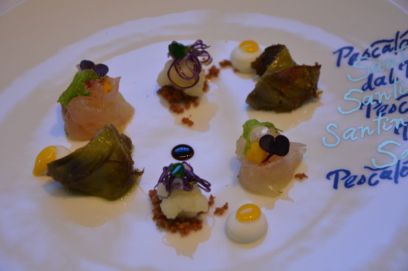 L’Orto d’Inverno con Scampi alla Piastra e Crema di Fagioli dell’Occhio di Nadia Santini 