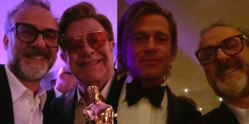 Massimo Bottura con i premi Oscar Elton John e Brad Pitt