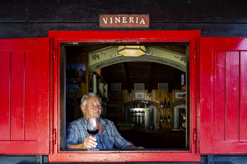 A man enjoys a glass of red wine at the Vineria of Tenuta San Leonardo