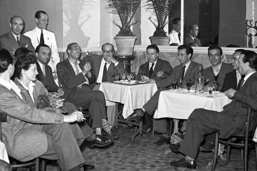 1950: Rosai al tavolo con Montale e Luzi (Archivio Locchi)