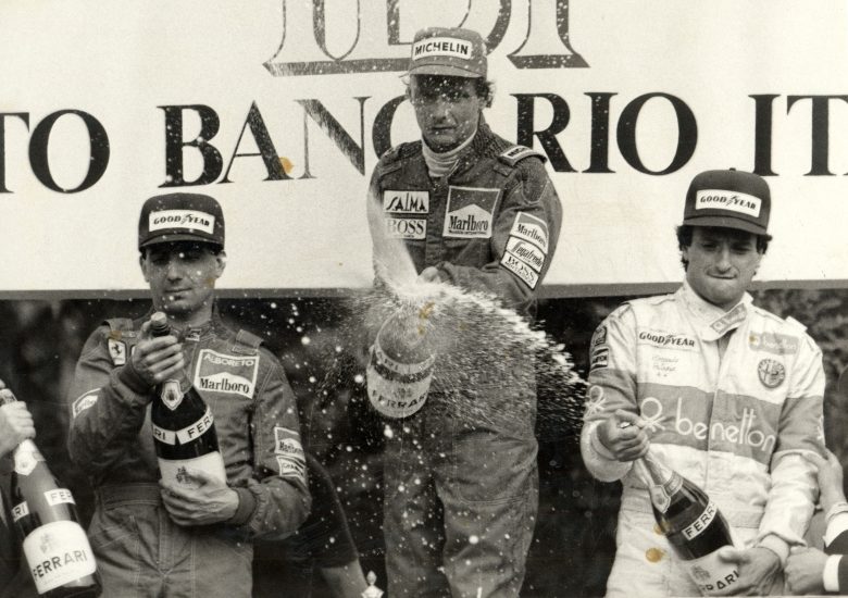Lo spumante Ferrari sul podio di Monza 1981, con Alboreto, Lauda e Patrese