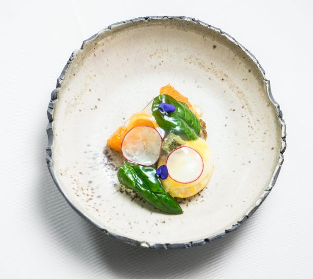 Uovo morbido di montagna, zucca fondente gelatina di prosciutto crudo e maionese di pollo arrosto