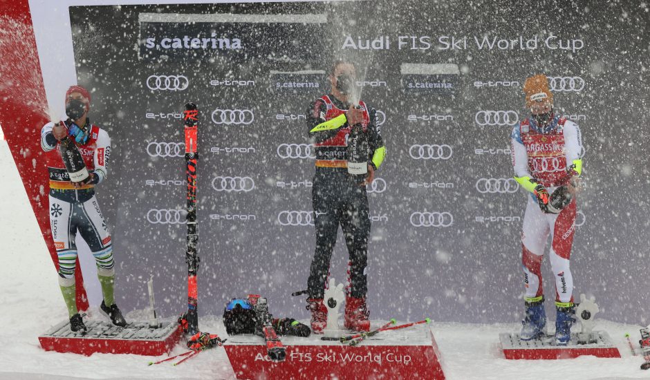 SKI WORLD C Le bollicine di Ferrari sul podio del circo biancoUP 2020/2021.ZAn Kranjec (Slo)  Filip Zubcic (Cro)  Marco Odermatt (Swi)  Santa Caterina , Italy . 5/12/2020,   photo Alessandro Trovati/Pentaphoto