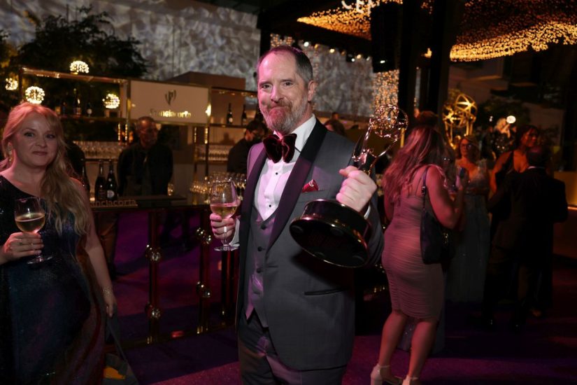 Brendan Hunt, winner of the Emmy for outstanding comedy series “Ted Lasso” at the 74th Emmy Awards Governors Gala on Monday, Sept. 12, 2022 at the LA Convention Center in Los Angeles. (Photo by J Emilo Flores/Invision for the Television Academy/AP Images)