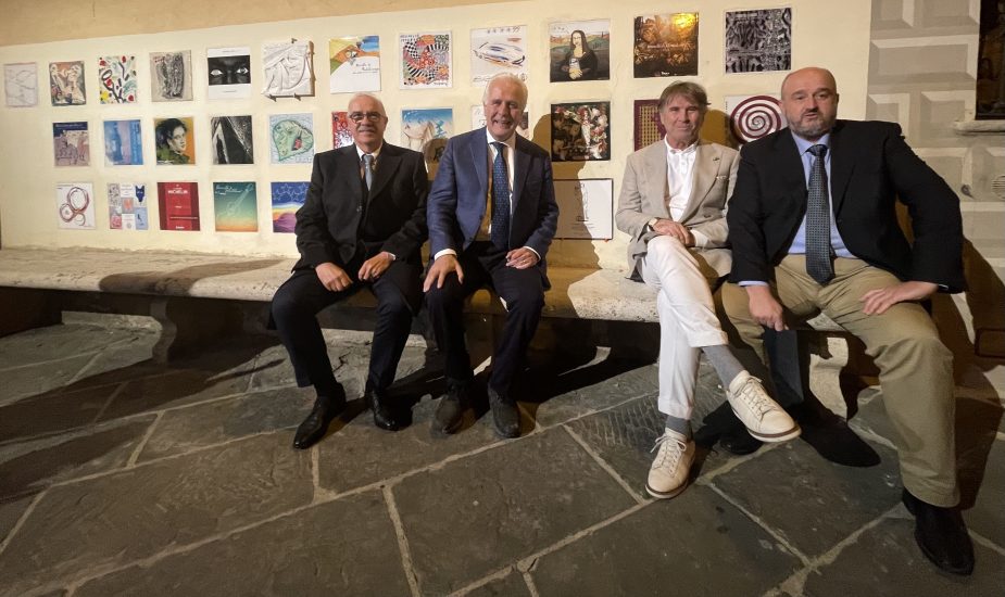 Il presidente del Consorzio del Brunello, Fabrizio Bindocci, il Presidente della Regione Toscana, Eugenio Giani, Brunello Cucinelli, ed il sindaco di Montalcino e Senatore, Silvio Franceschelli