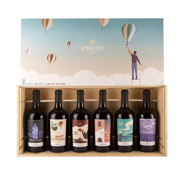 L’esclusiva cassa di legno con i sei vini “Taste the Art” di Ippolito 1845