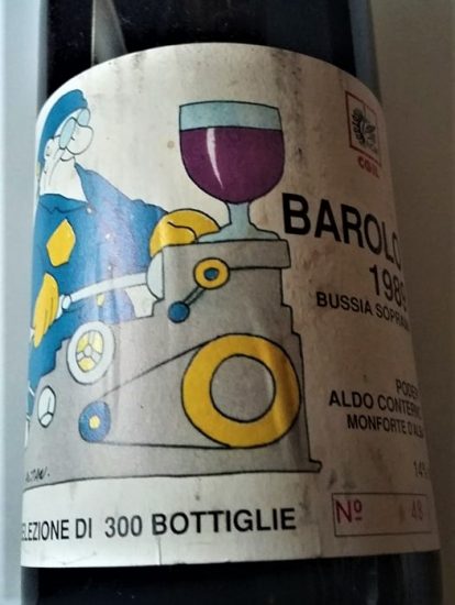 Il Barolo 1989 Bussia Soprana di Aldo Conterno, con un Cipputi di Altan, per la Fiom/Cgil