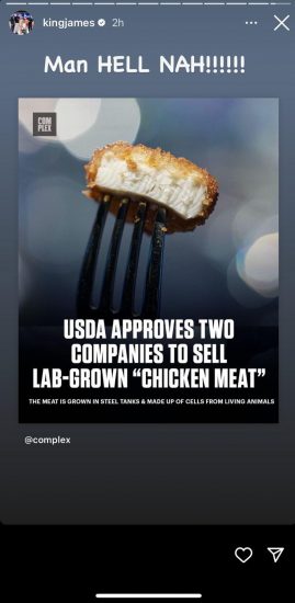 La critica al pollo artificiale su Instagram del campione Nba LeBron James
