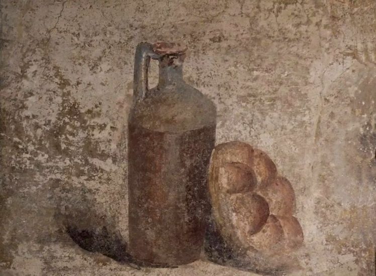 Affresco con bottiglia e pane di Pompei
