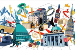 Ugo Nespolo e il vino, il tartufo, la cioccolata e le nocciole nella sua “Allegoria del Piemonte”