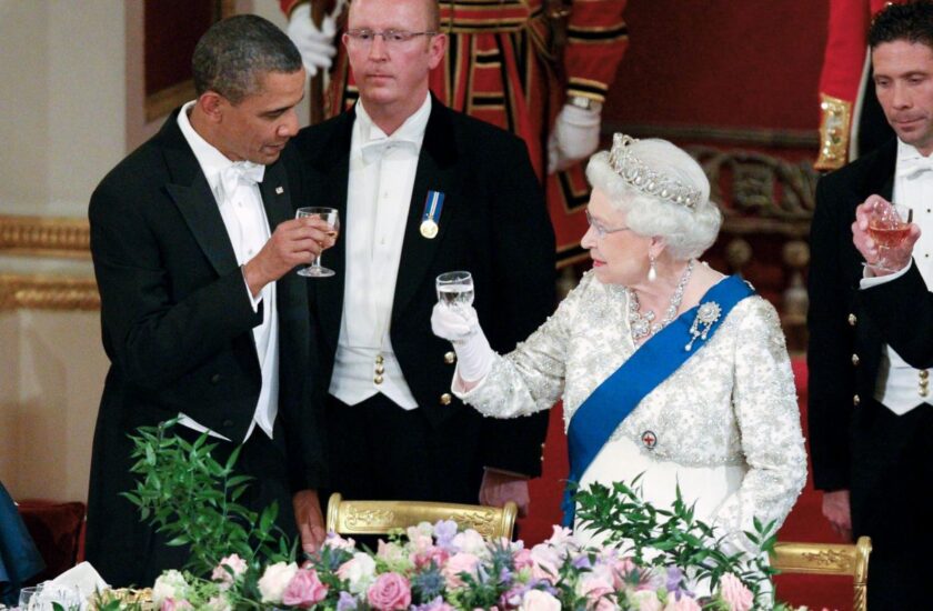 FILE - Queen Elizabeth II, and U.S. President Barack Obama attend a state banquet in Buckingham Palace, London, May 24, 2011. Queen Elizabeth II, Britain’s longest-reigning monarch and a rock of stability across much of a turbulent century, died Thursday, Sept. 8, 2022, after 70 years on the throne. She was 96. (AP Photo/Lewis Whyld, Pool, File)