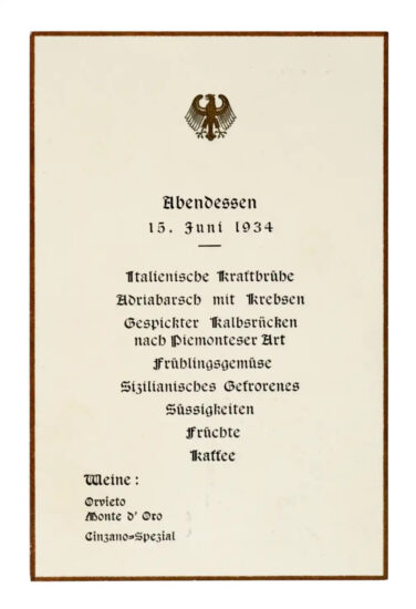 Menu pranzo Hitler e Mussolini (1934)