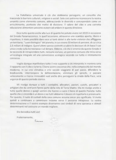 La lettera di Papa Francesco a Slow Food