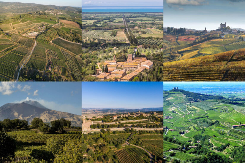 I territori di Chianti Classico, Bolgheri, Barolo, Etna, Montalcino e Valpolicella