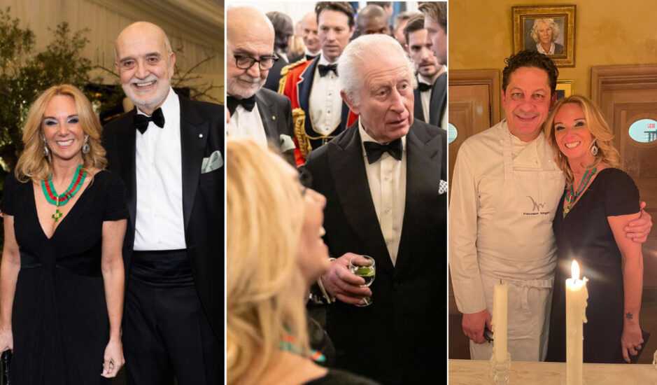Chiara Soldati con l’Ambasciatore italiano in Gran Bretagna, Inigo Lambertini, al centro con Re Carlo III e a destra con lo con lo chef Francesco Mazzei