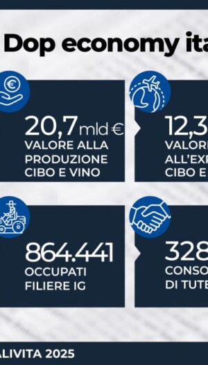 La Dop Economy italiana vale 20,7 miliardi di euro nel 2024 (+3,5%). Stabile il vino a 11 miliardi