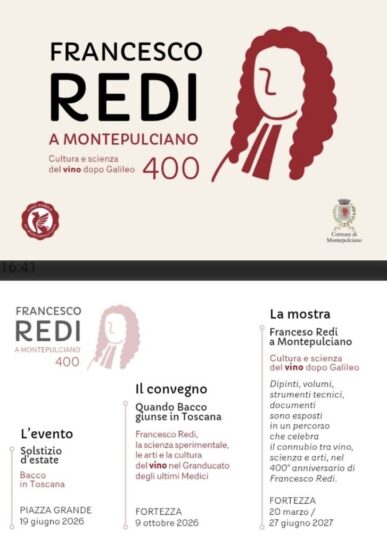 Il Consorzio del Vino Nobile di Montepulciano celebra i 400 anni dalla nascita di Francesco Redi