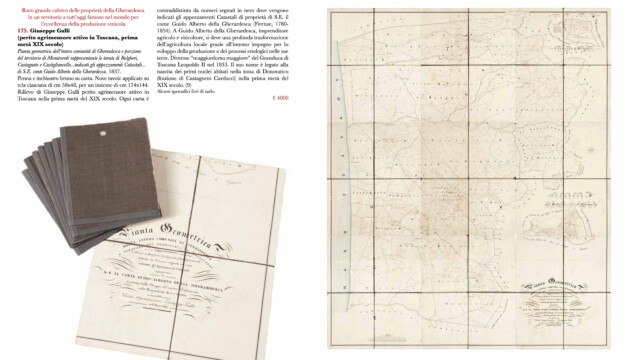 La storia in asta, con la mappa monumentale di Bolgheri del 1837 (prima del Viale dei Cipressi)
