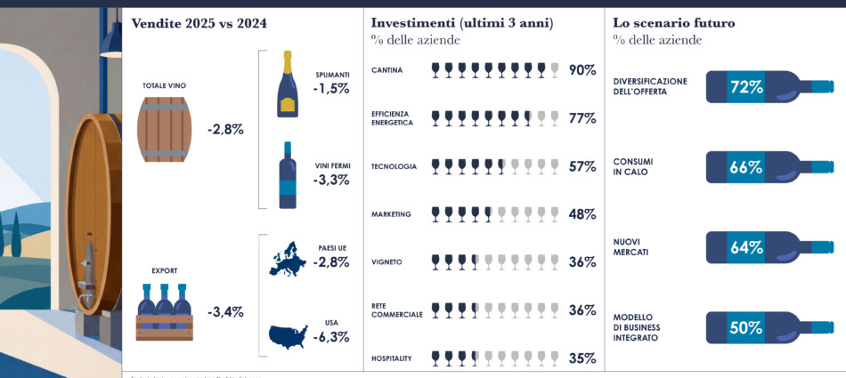 Vino, gi&ugrave; affari e consumi. Ma il 58% dei big si aspetta una crescita delle vendite nel 2026