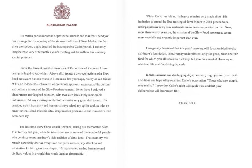 La lettera di Re Carlo III a Slow Food 