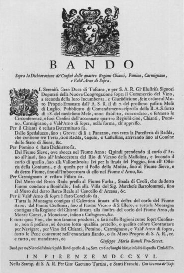 Il bando di Cosimo III de’ Medici “Sopra la Dichiarazione de’ Confini delle quattro Regioni Chianti, Pomino, Carmignano, e Val d’Arno di Sopra” 